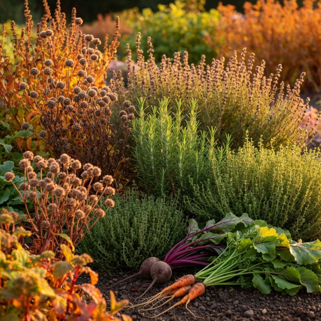 Autumn garden with harvest-ready seeds and dried herbs